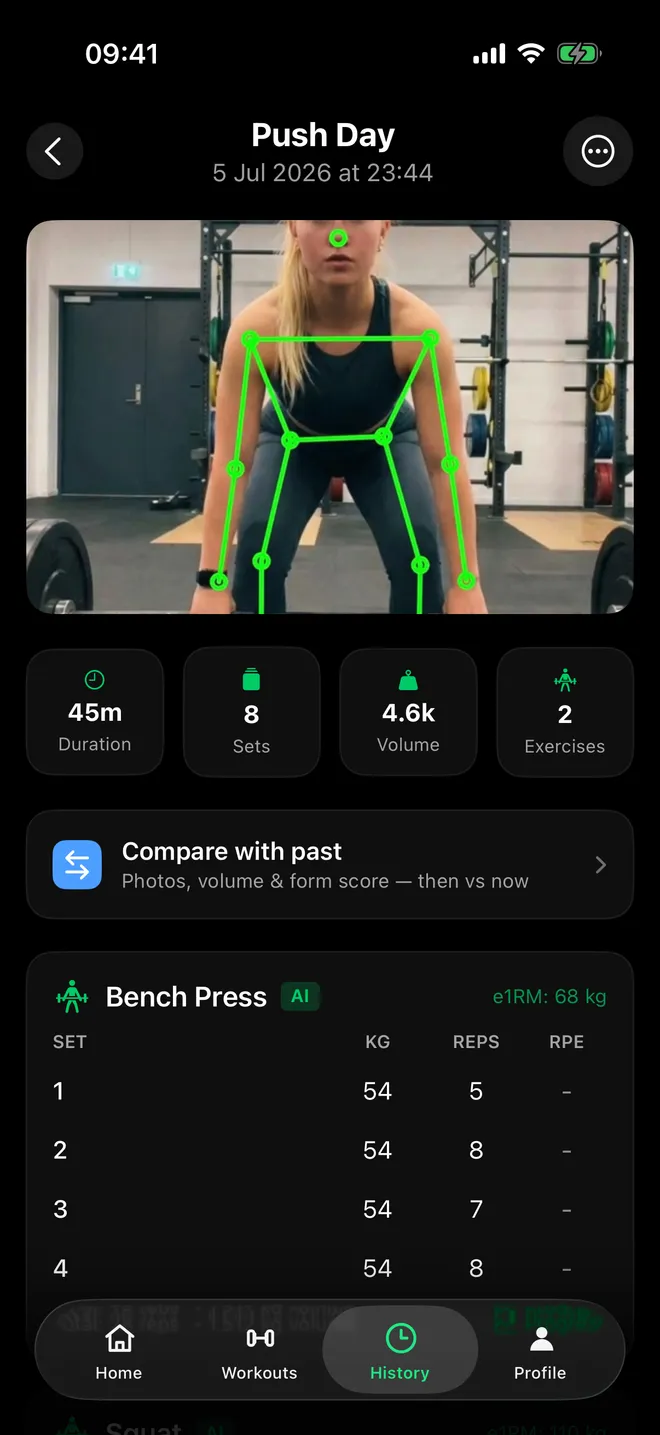 FormLens workout log with history and personal records