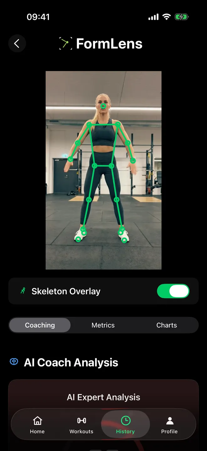 FormLens skeleton overlay tracking every joint on a filmed set