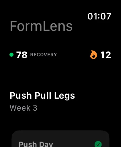 FormLens on Apple Watch — today's plan with readiness and streak